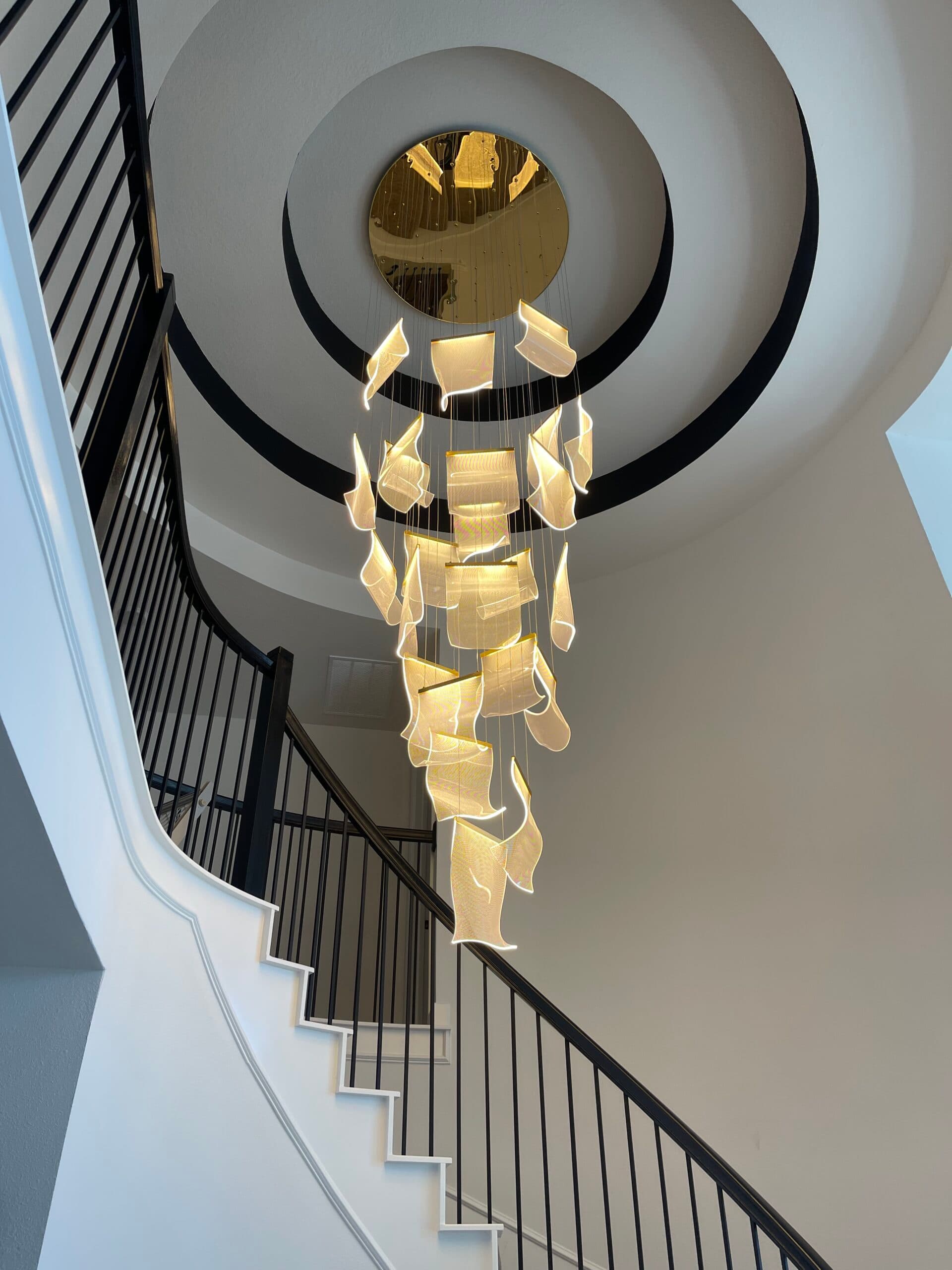 Designer Staircase Chandelier - Two-story foyer feature lighting, structural mount and high-ceiling install